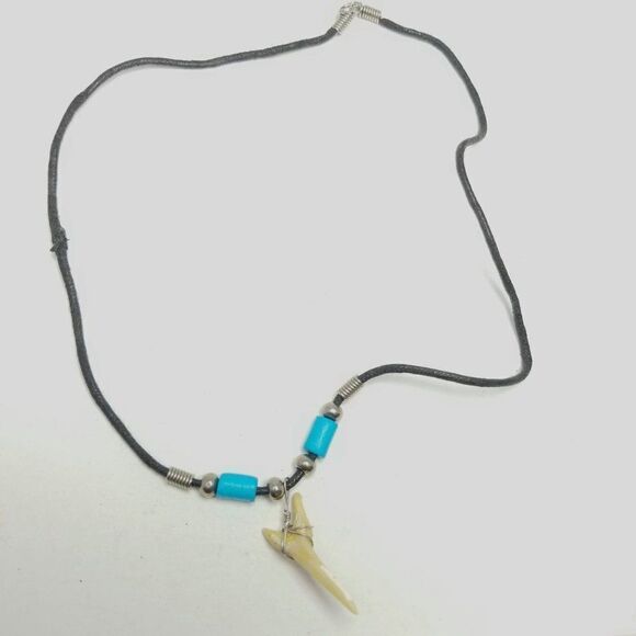 Vintage Tooth Necklace, Wire Wrap Blue Beads and Black Cord, Y2K 90s Style - Picture 4 of 4